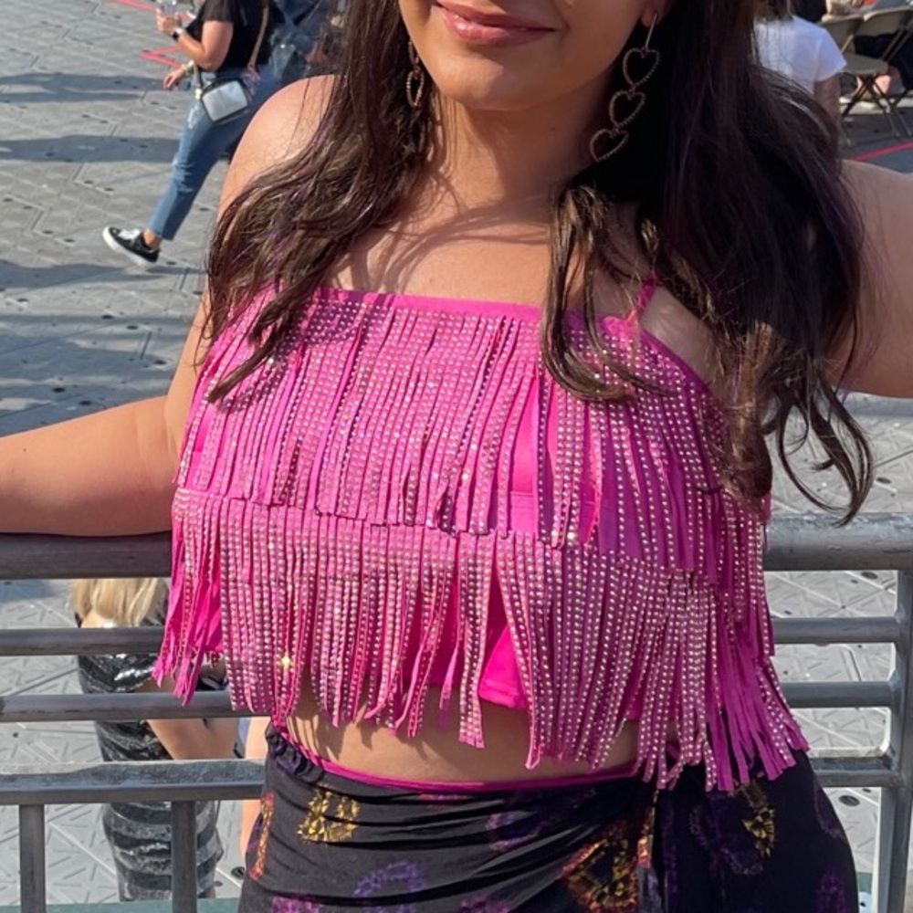 Hot pink fringe rhinestone crop top